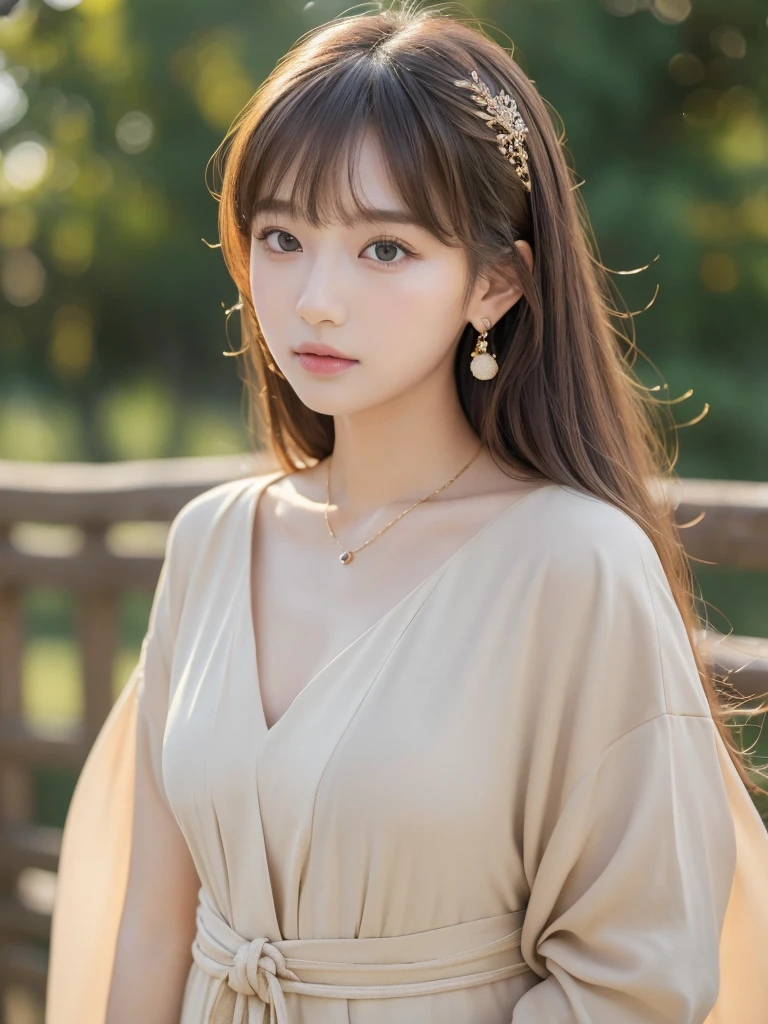 ((Highest quality, 8K, masterpiece:1.3)), concentrate: 1.2, Perfect body beauty: 1.4, Hips: 1.2, ((Long Hair, chest: 1.2)), (Dry clothes: 1.1) , (clear, Simple Background:1.3), Simple clothes: 1.1, Highly detailed face and skin texture,Delicate eyes, double eyelid, Whitened skin, Rough skin、Long Hair、Earrings with bangs、necklace、 solo、Beige coat、White shirt, (((Beautiful girl with cute Japan)))、 ((Beautiful Japanese girl 20 years old))、 (())、 (((Slender body)))、 Upper Body,Face focus、necklace,Simple Background,From above, Realistic Hair、 A photograph was taken:Canon EOS R6、135mm、1/1250 seconds、f2.8、ISO400、(Detailed explanation of the hand)、(Masseter muscle area)、(Exquisite CG)、Long Hair, loose and curly hair、Korean Hair、Long Hair明るいベージュ色、グラデーションハイライトグレージュのゆるふわLong Hairスタイル、