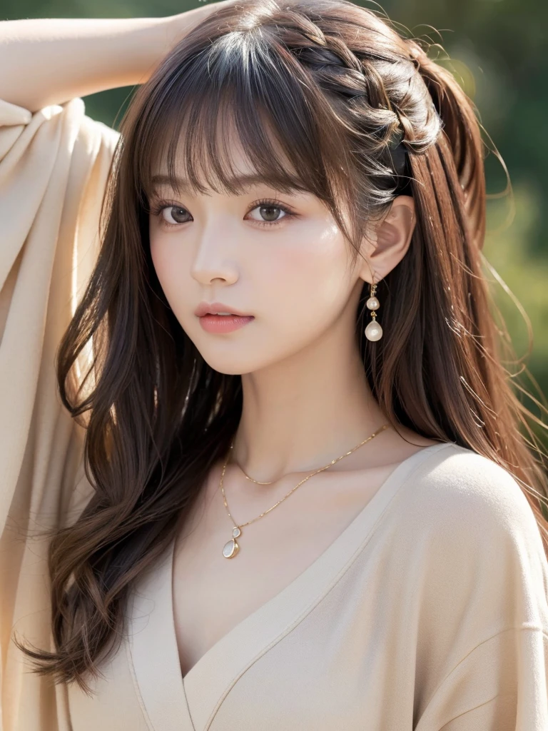 ((Highest quality, 8K, masterpiece:1.3)), concentrate: 1.2, Perfect body beauty: 1.4, Hips: 1.2, ((Long Hair, chest: 1.2)), (Dry clothes: 1.1) , (clear, Simple Background:1.3), Simple clothes: 1.1, Highly detailed face and skin texture,Delicate eyes, double eyelid, Whitened skin, Rough skin、Long Hair、Earrings with bangs、necklace、 solo、Beige coat、White shirt, (((Beautiful girl with cute Japan)))、 ((Beautiful Japanese girl 20 years old))、 ((Baby Face))、 (((Slender body)))、 Upper Body,Face focus、necklace,Simple Background,From above, Realistic Hair、 A photograph was taken:Canon EOS R6、135mm、1/1250 seconds、f2.8、ISO400、(Detailed explanation of the hand)、(Masseter muscle area)、(Exquisite CG)、Long Hair, loose and curly hair、Korean Hair、Long Hair明るいベージュ色、グラデーションハイライトグレージュのゆるふわLong Hairスタイル、