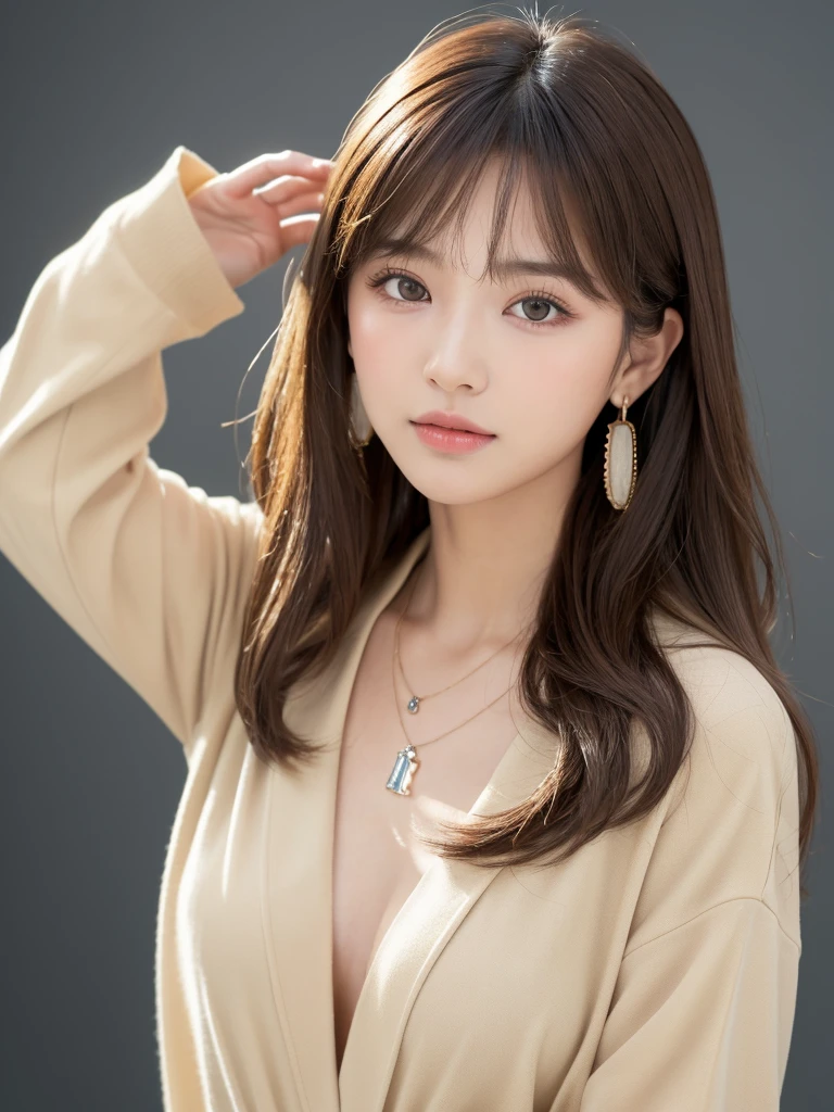 ((Highest quality, 8K, masterpiece:1.3)), concentrate: 1.2, Perfect body beauty: 1.4, Hips: 1.2, ((Long Hair, chest: 1.2)), (Dry clothes: 1.1) , (clear, Simple Background:1.3), Simple clothes: 1.1, Highly detailed face and skin texture,Delicate eyes, double eyelid, Whitened skin, Rough skin、Long Hair、Earrings with bangs、necklace、 solo、Beige coat、White shirt, (((Beautiful girl with cute Japan)))、 ((Beautiful Japanese girl 20 years old))、 ((Baby Face))、 (((Slender body)))、 Upper Body,Face focus、necklace,Simple Background,From above, Realistic Hair、 A photograph was taken:Canon EOS R6、135mm、1/1250 seconds、f2.8、ISO400、(Detailed explanation of the hand)、(Masseter muscle area)、(Exquisite CG)、Long Hair, loose and curly hair、Korean Hair、Long Hair明るいベージュ色、グラデーションハイライトグレージュのゆるふわLong Hairスタイル、