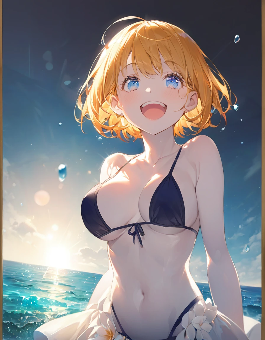 A cute girl in a swimsuit(original bikini swimsuit)(Small body) (:1.5), (blonde:1.5)(eyelash:1.2)(eye shadow:1.3) (Blue eyes:1.5), (Beautiful fine details:1.4) (Short Bob Hair:1.4), (Blue eyes)(Big Breasts:1.3) (White skin:1.2)Height: 130cm, original character, Fantasy, View Viewer Art: (A girl with beautiful deep eyes. The depth of field in the photo is perfect、Lens flares create a nice atmosphere. The details of her face really stand out, This photo definitely gets a 10 or more.. background, There is a beautiful sea with crystal clear water and water droplets floating on the surface. Laughing happily