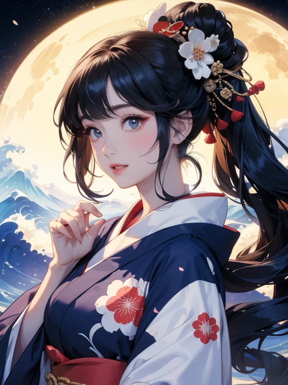 (Highest quality、masterpiece、High resolution、8K)、Ukiyo-e、Vibrant colors、Katsushika Hokusai、1 female、Black hair Japanese topknot、The kimono has a vivid floral pattern on a white background.、White waves and Mt. Fuji、White waves, the moon and a woman、White waves and seagulls、Official Art、背景はUkiyo-e風