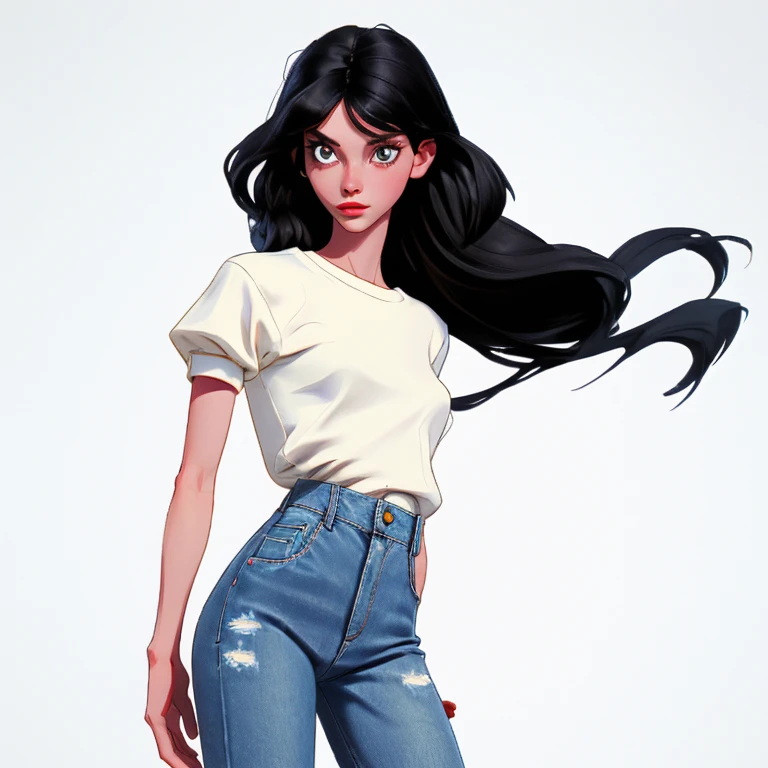Beautiful woman , posing gracefully for a photo, white  shirt, Attractive  woman, slim body, Waist slender, jeans, cartoon-like, charming woman, black hair, white image background