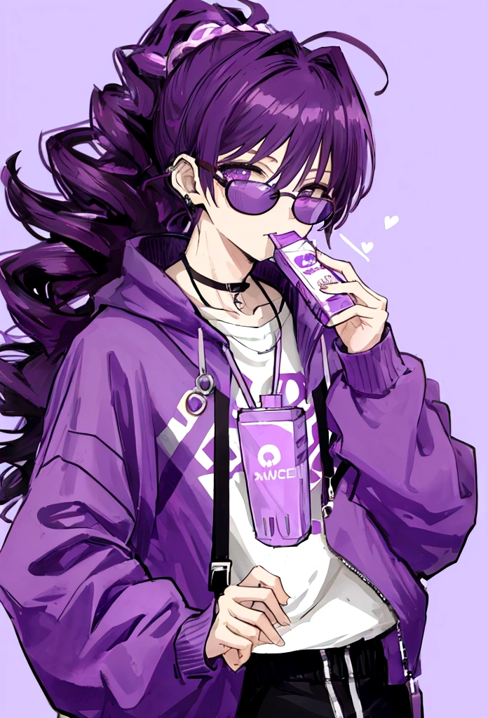 young male, purple sweatshirt, high quality, ponytail hairstyle, curly hair, wearing round glasses, anime style, holding a cute juice box, using headset, shades purple