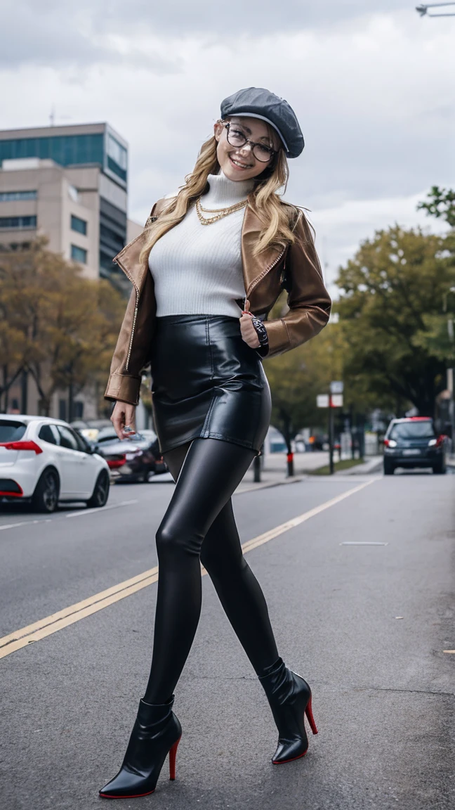 (masterpiece), best quality, expressive eyes, perfect face, HD, 4K, A closeup of a woman in a 1girl, Melania, reverse 1999, red glasses, long blonde hair, leather jacket, white sweater with zipper, black skirt, red tight legging, flat cap, stylish bag gold chain, boots shoes, thief, spyspy, masturbating, exhibitionist, breast, nipples, legs, whore, nude, NSFW, opened breasts, topless, suburbs background, , heels, high heels, latex, laughing, no glasses, unworn glasses