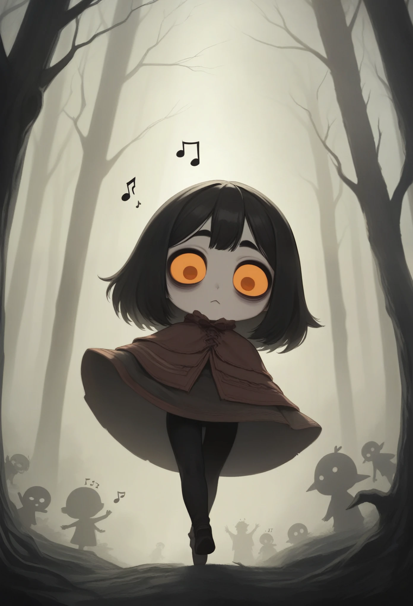score_9, score_8_up, score_7_up, score_6_up, score_5_up, score_4_up, cute devil girl, dancing, evil smiles,music notes, dead trees in the forest, cute horror fantasy, disney-style horror effects,pure black skin,bags under eyes,long eyebrow,big eyes,chibi,long nail,orange eyes,hair,looking down, capelet\((very long:1.5), traditional-patterned,\),chibi,picture-book style,children-book style,long shot,