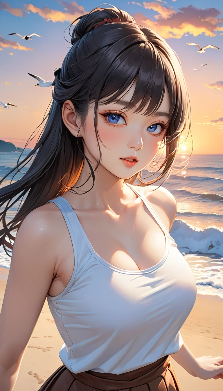 Highest quality, Super quality, 16K, Incredibly absurd, Very detailed, 2.5D, delicate and dynamic, blue sky, Calm sea, Sandy Beach, Sunset, sunset, Enoshima, seabird, Small face, Extremely delicate facial expression, Delicate eye depiction, Extremely detailed hair, Upper body close-up, erotic, sole sexy Japanese lady, healthy shaped body, 22 years old lady, student, huge firm bouncing busts, white silver long hair, sexy long legs, Glowing Skin, Soft Skin, Sleeveless white T-shirt, brown long skirt, barefoot, Are standing, Blow a kiss to the camera