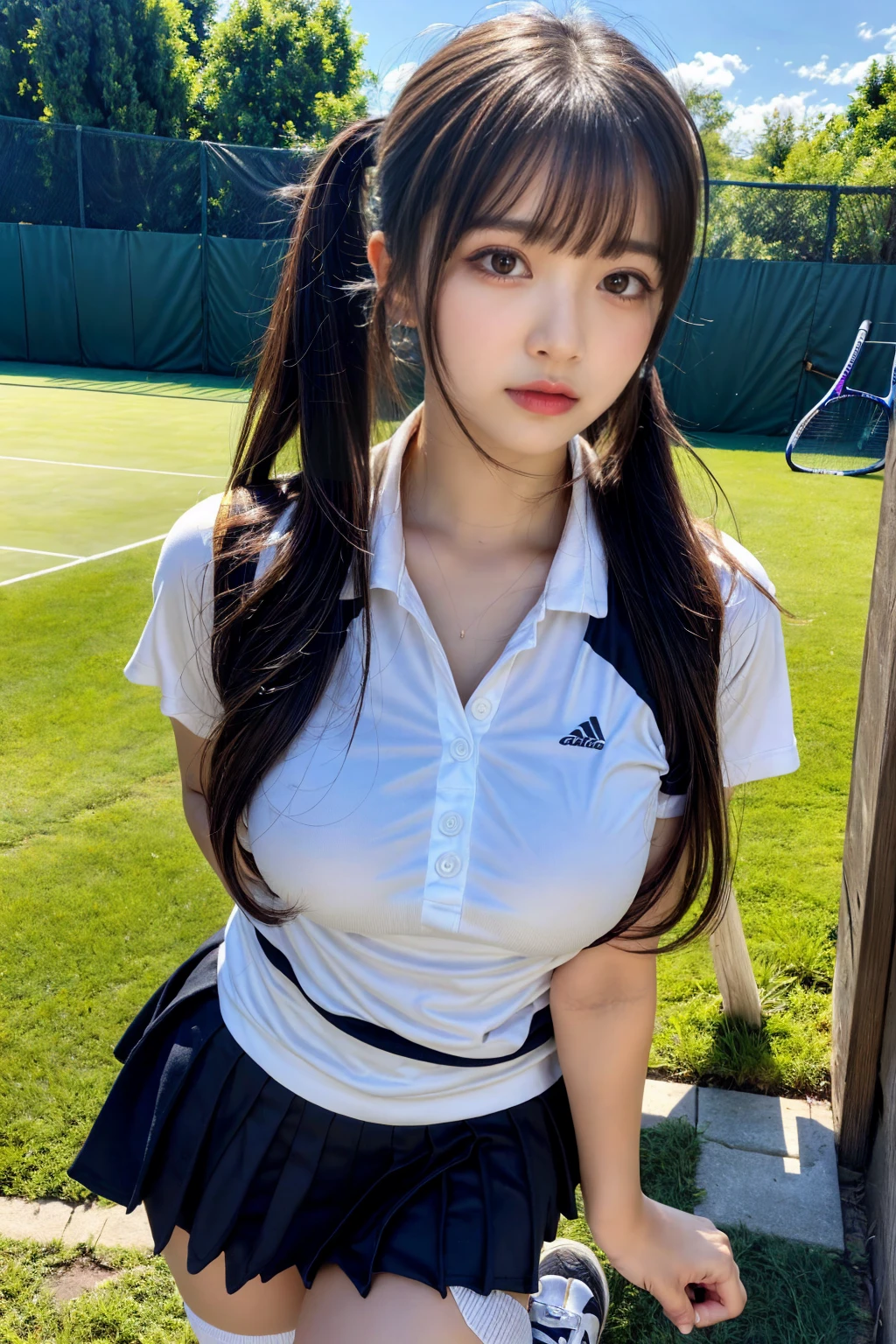masterpiece, best quality, illustration, Super detailed, fine details, High resolution, 8K,wall paper, perfect dynamic composition, front view, standing, 18 year old girl, tennis player, Gravure Idol, cute type, (Details High quality, realistic depiction of eyes:1.3), (Colossal tits:1.2), expresses the roundness and softness of your chest., low ponytail, bangs, black hair color, Dark makeup, Big Natural Color Lip, thick thighs, perfect body shape, plump figure, large hips, beautiful clavicle, white tennis uniform, short sleeve, shirt, skirt, socks, tennis shoes, depth of fields, natural lighting