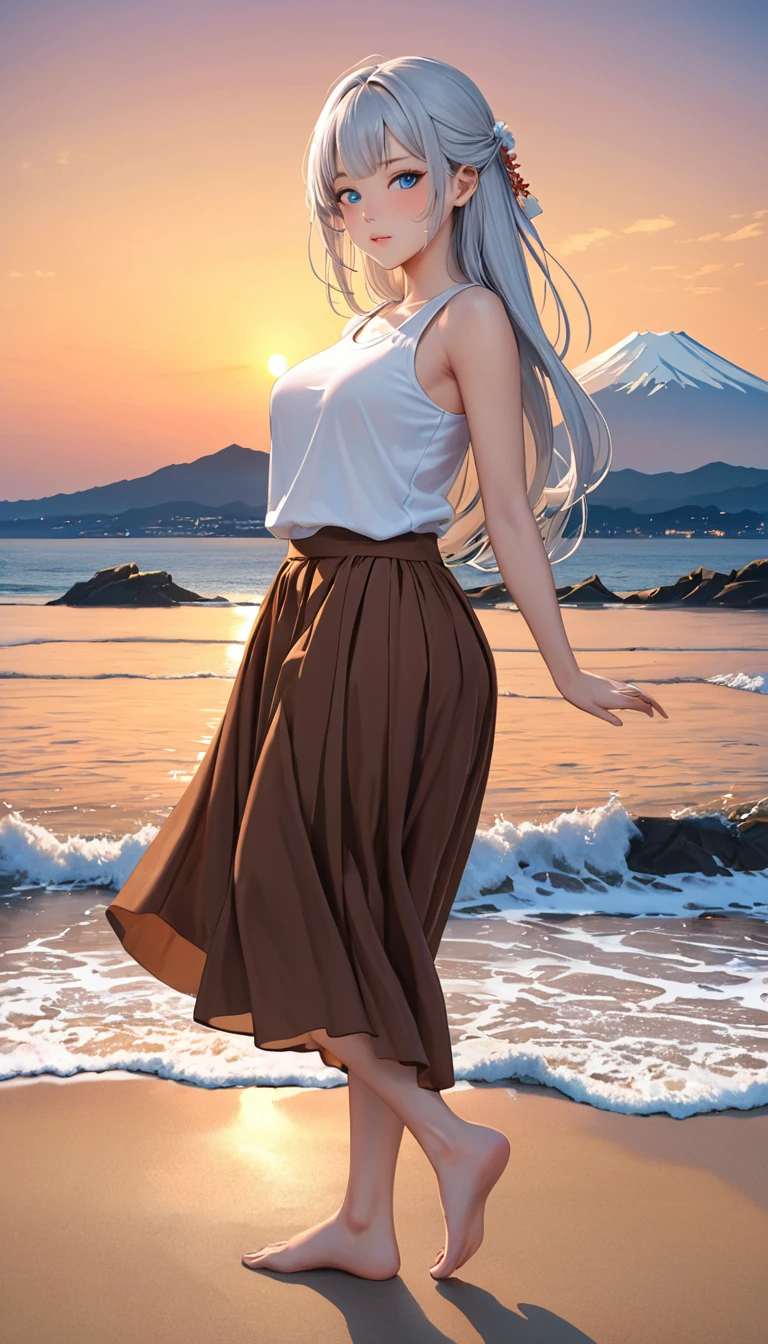 Highest quality, Super quality, 16K, Incredibly absurd, Very detailed, 2.5D, delicate and dynamic, blue sky, Calm sea, Sandy Beach, Sunset, sunset, Enoshima, Fuji Mountain, Small face, Extremely delicate facial expression, Delicate eye depiction, Extremely detailed hair, Upper body close-up, erotic, sole sexy Japanese lady, healthy shaped body, 22 years old lady, student, huge firm bouncing busts, white silver long hair, sexy long legs, Glowing Skin, Soft Skin, Sleeveless white T-shirt, brown long skirt, barefoot, Standing backwards, Turn to the camera