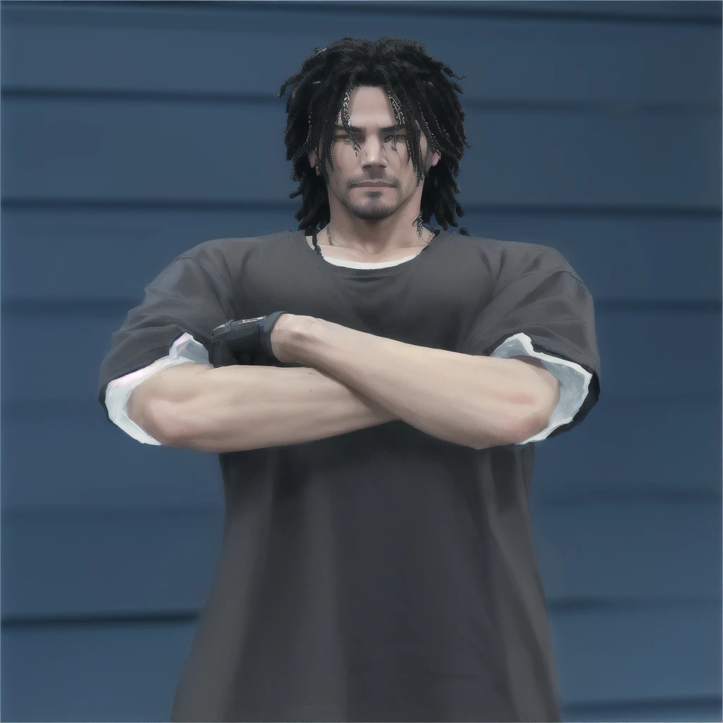 arafed man with dreadlocks and a shirt on posing for a picture, johnny silverhand, gta character, keanu reeves, jesse pinkman in gta v, as a character from gtav, style of mirror\'s edge, upper body avatar, skin : tjalf sparnaay, detailed hair foggy, portrait of keanu reeves, no hood | | realistic shaded