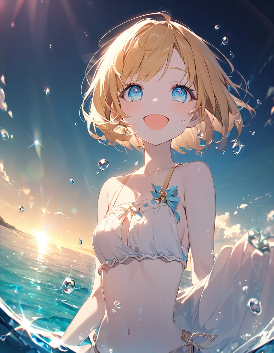 A cute girl in a swimsuit(original bikini swimsuit)(Small body) (:1.5), (blonde:1.5)(eyelash:1.2)(eye shadow:1.3) (Blue eyes:1.5), (Beautiful fine details:1.4) (Short Bob Hair:1.4), (Blue eyes)(Big Breasts:1.3) (White skin:1.2)Height: 130cm, original character, Fantasy, View Viewer Art: (A girl with beautiful deep eyes. The depth of field in the photo is perfect、Lens flares create a nice atmosphere. The details of her face really stand out, This photo definitely gets a 10 or more.. background, There is a beautiful sea with crystal clear water and water droplets floating on the surface. Laughing happily