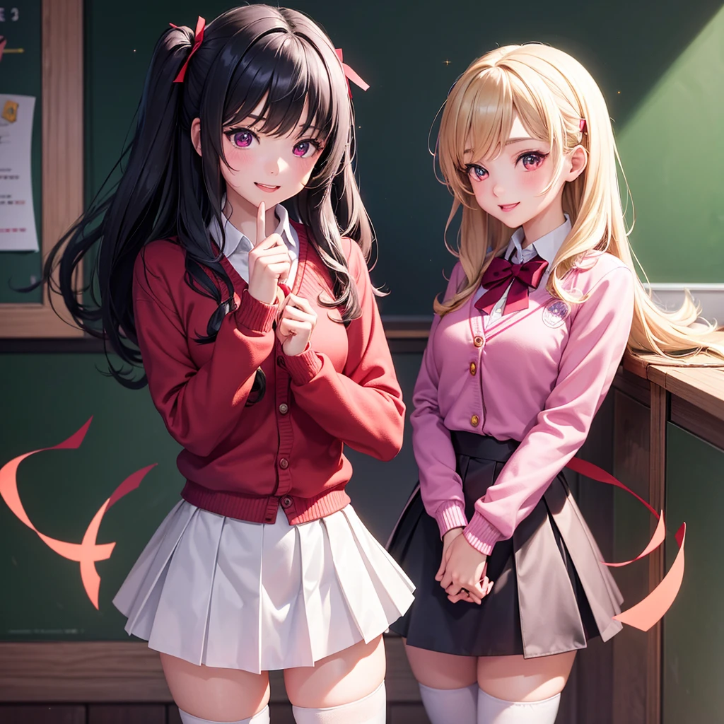 Best Quality, girls,8K,Idol Group,model,smile,Several girls are depicted,Red eyes,Sparkling eyes,cardigan,Purple Uniform, front of the blackboard,beautiful girl,blazer,Beautiful girls,Absurd,Naughty Girls,White mini skirt,tights,Horny girl,Red ribbon