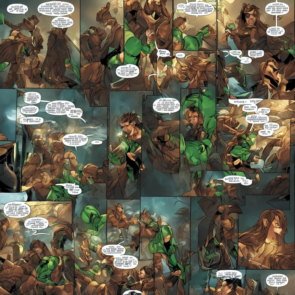 marvel comic panels, male 23 year old in a copper and green spiritual spidersuit with copper details, fluffy coat, very long brown hair, white skin, brown eyes, skinny, in a building mask on