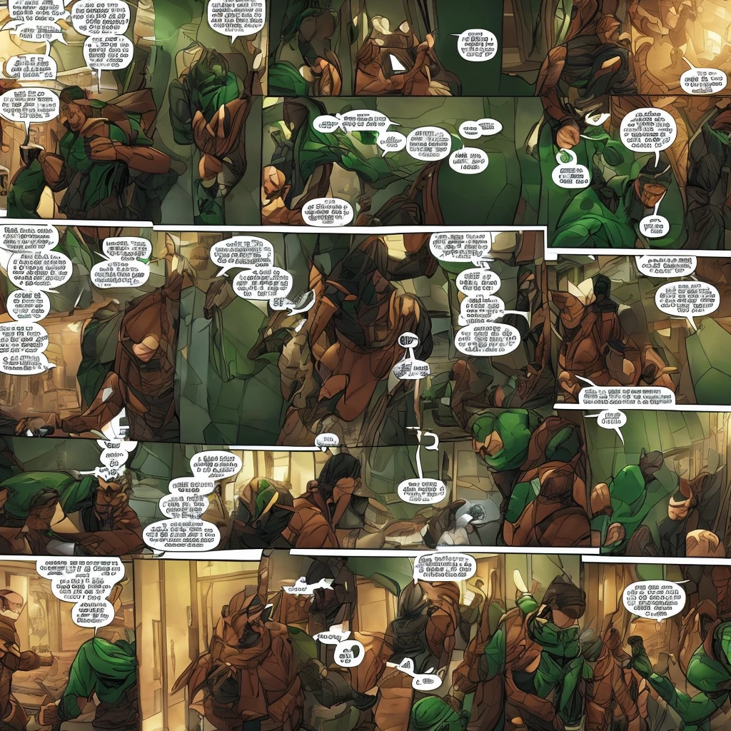 marvel comic panels, male 23 year old in a copper and green spiritual spidersuit with copper details, fluffy coat, very long brown hair, white skin, brown eyes, skinny, in a building mask on
