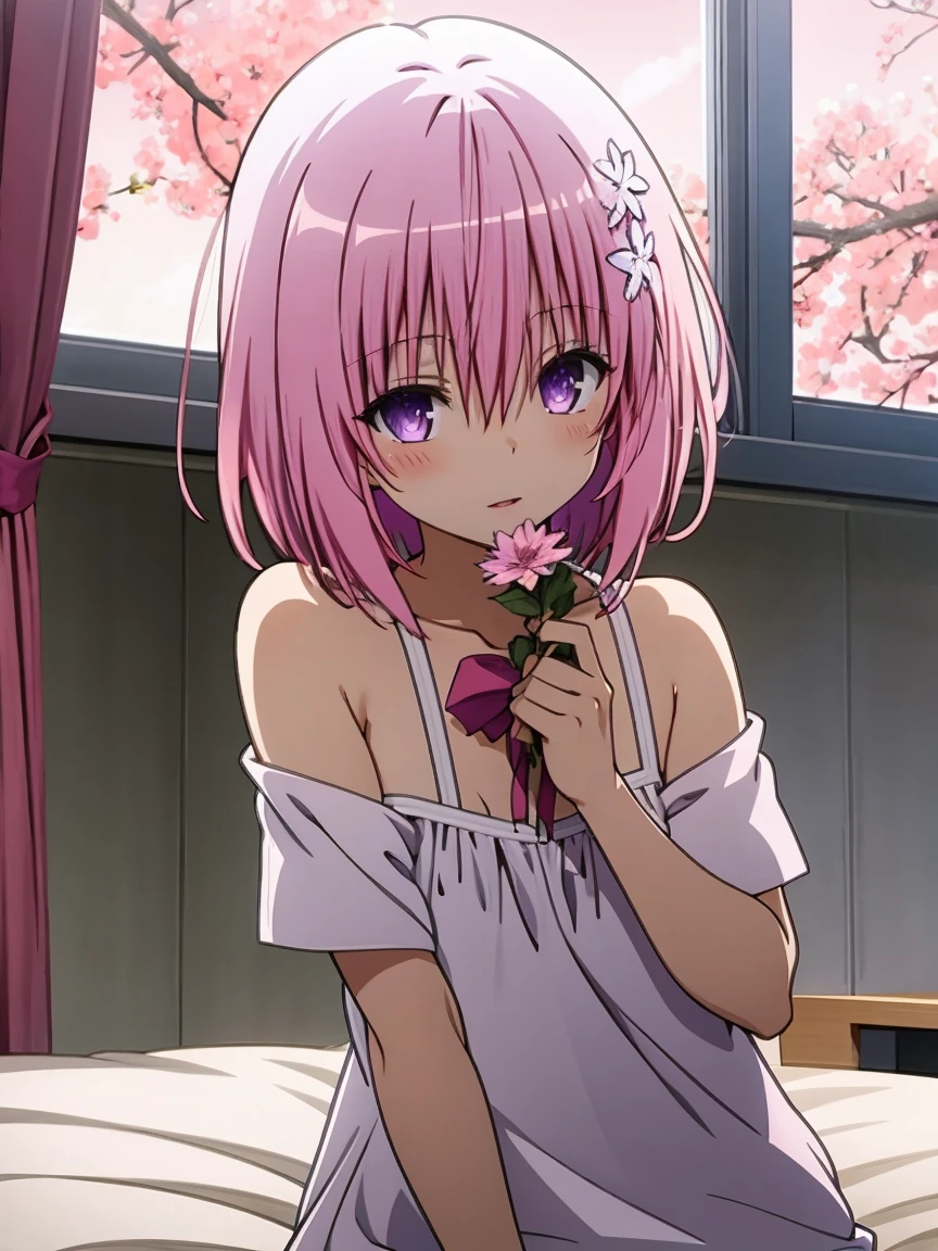 <lora:ToloveruDarknessStyle-000050:0.9:lbw=outall>pink hair, bob cut, purple eyes,maid, maid apron, maid headdress,hand on own face,naughty face,parted lips, (best quality:1.3),1girl,<lora:GoodHands-beta2:1>,pink hair,tatami,