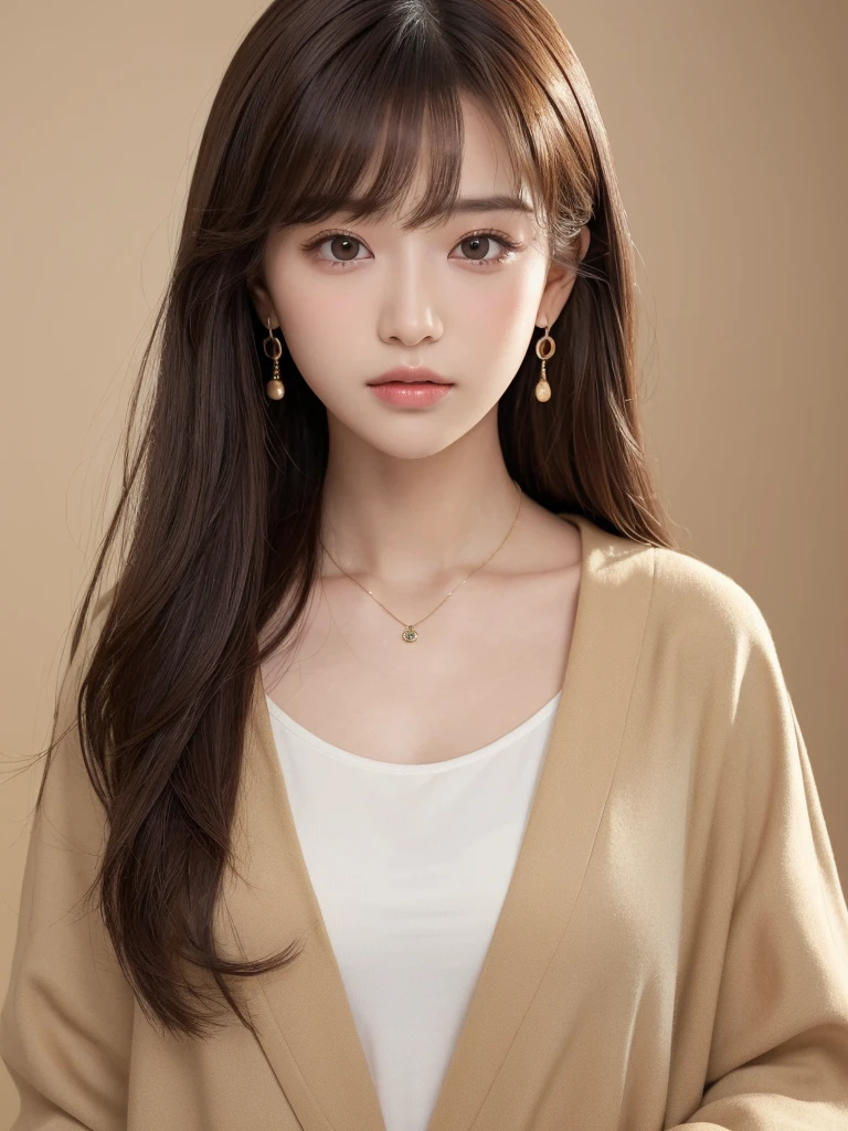  ((Highest quality, 8K, masterpiece:1.3)), concentrate: 1.2, Perfect body beauty: 1.4, Hips: 1.2, ((Long Hair, chest: 1.2)), (Dry clothes: 1.1) , (clear, Simple Background:1.3), Simple clothes: 1.1, Highly detailed face and skin texture,Delicate eyes, double eyelid, Whitened skin, Rough skin、Long Hair、Earrings with bangs、necklace、 solo、Beige coat、White shirt,  (((Beautiful girl with cute Japan)))、  ((Beautiful Japanese girl 20 years old))、 ((Baby Face))、 (((Slender body)))、  Upper Body，Face focus、necklace，Simple Background，From above， Realistic Hair、 A photograph was taken:Canon EOS R6、135mm、1/1250 seconds、f2.8、ISO400、(Detailed explanation of the hand)、(Masseter muscle area)、(Exquisite CG)、Long Hair, loose and curly hair、Korean Hair、Long Hair明るいベージュ色、グラデーションハイライトグレージュのゆるふわLong Hairスタイル、