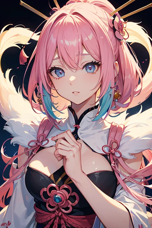 ichikanakano, ichika nakano, shorth hair, bangss, blue colored eyes, hair between the eyes, pink hair, aretes, (work of art:1.2), best qualityer, high resolution, unity wallpaper 8k, (illustration:0.8), (beautiful detailed eyes:1.6), extreme detailed face, perfect lighting, extremely detailed CG, (perfect hands, Perfect Anatomia),