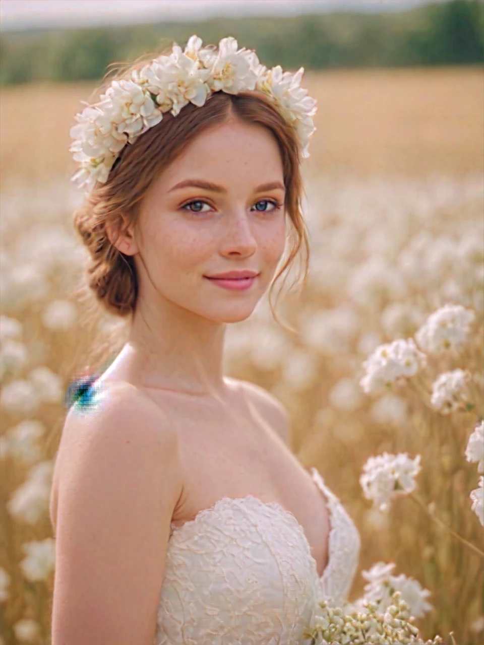 Photorealistic, masterpiece, beautiful girl, 1girl, auburn hair, wavy hair, medium length hair, French braids, smiling, sexy, flirty, green eyes, denim jeans, small breasts, slender, toned, long legs, arms up, cleavage, pale skin, freckles