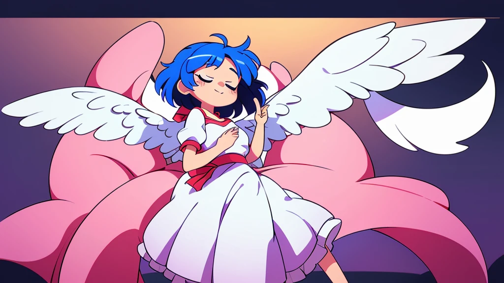 (best quality,4k,8k,highres,masterpiece:1.2), ultra-detailed, highly detailed texture, intricate details, A cute teenage angel with blue eyes, drawn in anime style, 1girl, , , 10 years old, medium blue hair, hair flaps, pink ribbon on head, well-formed face, blue eyes, angel girl, white blouse, puffy short sleeves, red ribbon, angel wings, long white skirt, red shoes, frills, ribbon head, A pair of angel wings on the back, from behind, to lift up one’s skirt, cowboy shot, from front, standing , raise one leg, crossed arms, arms up behind, arms behind back, hand between legs, put hands hip, one hand on hip, forward hands, arms raised in the air, punch hands, peace sign, waving, put up index finger, sit, lie down, closed eyes, lie face down, looking back, put one hand chest, leaning forward, cleavage, close up, horizontally outstretched arms, horizontally outstretched legs, front view, front face