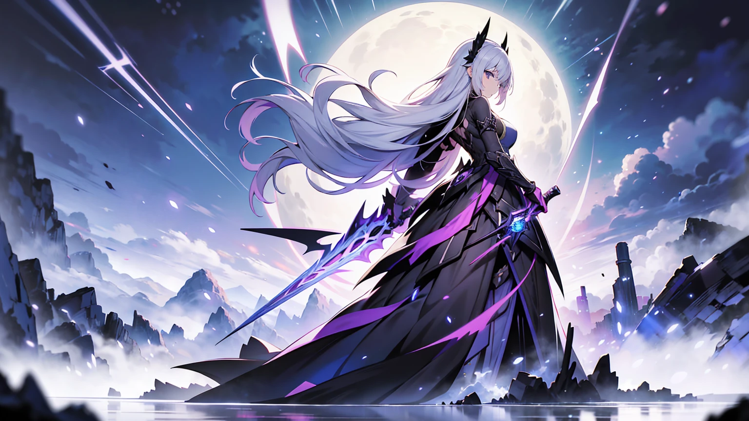 This image is a digital artwork inspired by anime and manga, exuding a fantasy atmosphere. In the center, there is a character with long silver hair, elegantly dressed in a combat outfit with black and gray armor. She carries a large sword on her back, its hilt extending towards the sky. Surrounding the character are fragments of blue-purple crystals or mirror-like pieces floating in the air, reflecting light. The background consists of a sky with clouds, with mysterious light seemingly descending from the sky. Additionally, between the foreground and background of the image, the word "Igallta" is scattered in various directions in alphabets and symbols. The use of light and shadow, the dynamic pose of the character, and the floating objects create a sense of visual depth and movement in the image. Overall, this artwork is narrative, prompting viewers to imagine the story behind the character.,ちびキャラ