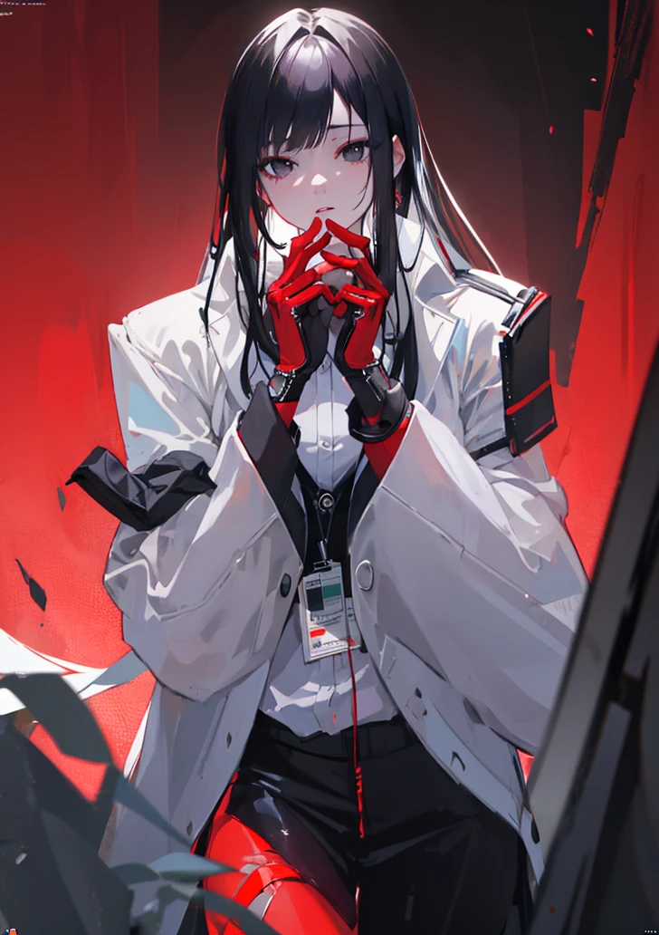 beautiful, white-skinned woman, business suit, long black hair, black eyes, looking at viewer, red background, intricate details, hyperrealistic, 8K, octane render, chiaroscuro lighting, cinematic composition, dramatic atmosphere, digital art