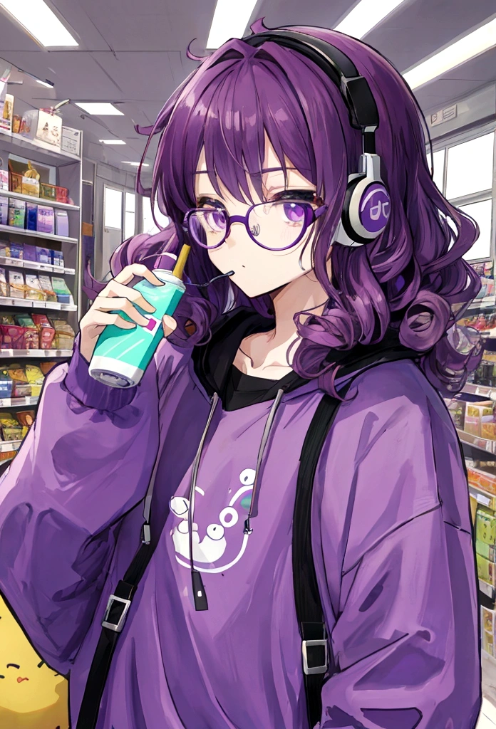 young male, purple sweatshirt, high quality, curly hair, wearing round glasses, anime style, holding a cute juice box, using headset, background galaxy