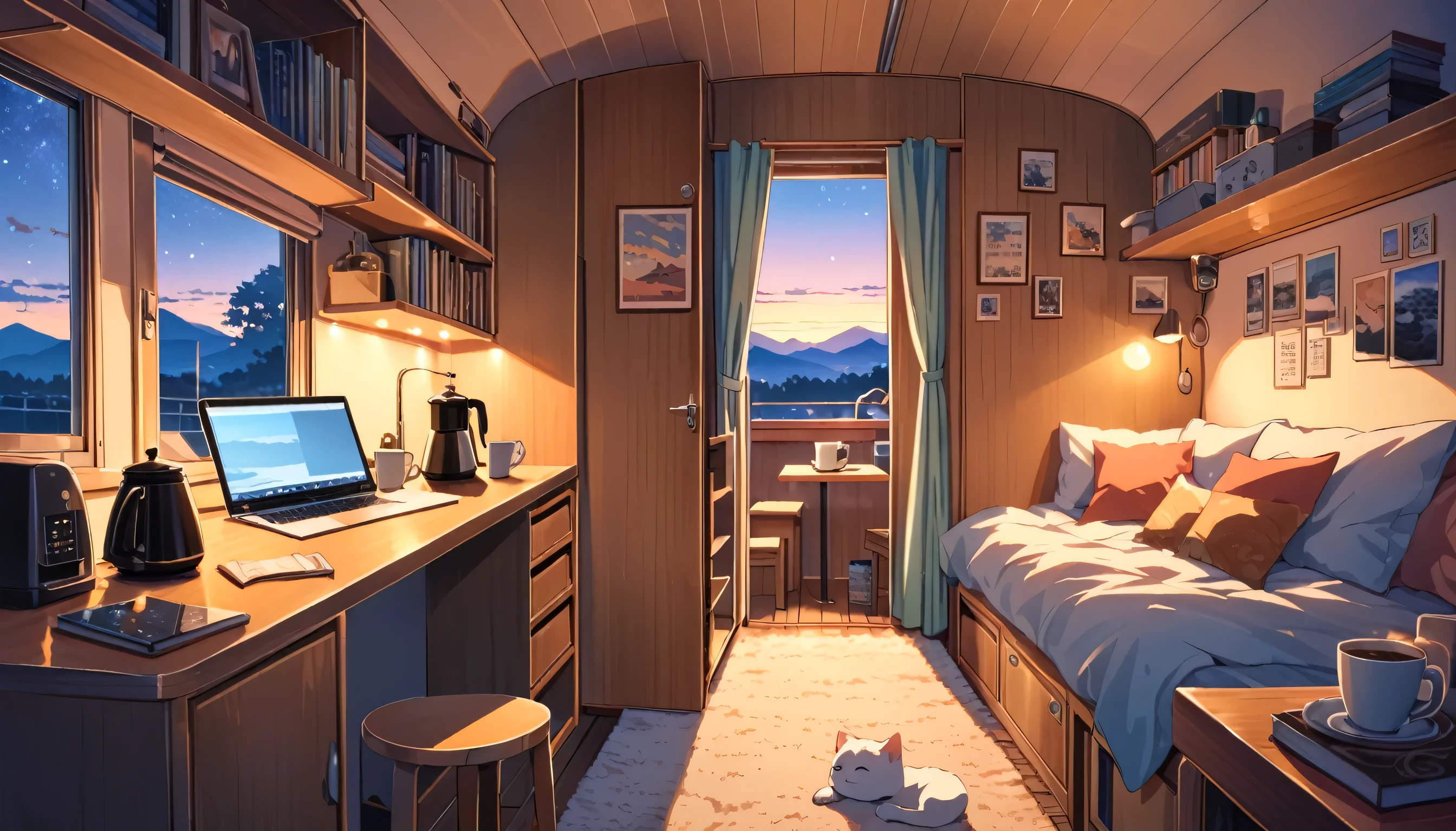 The interior of the camper van exudes a unique atmosphere that blends Lofi and Makoto Shinkai styles. The design is both comfortable and exquisite, featuring a single bed near a large window. A cute, lazy cat lies on the bed, gazing out at the night sky, evoking a sense of tranquility. Beside the bed is a table with a cup of coffee and a laptop on it. A cozy little sofa is next to the table, perfect for resting or working.

The decor is simple yet warm, with various shelves and storage spaces thoughtfully arranged. Books, photo frames, and small decorations are scattered on the shelves, adding a lived-in feel. Several warm lights softly illuminate the entire space, creating a peaceful and cozy atmosphere.

The floor is covered with a soft carpet, adding a touch of home. Though the kitchen area is small, it is fully functional with a sink, gas stove, and storage cabinets. On the table sits a coffee maker and a few bags of hand-crafted coffee beans, allowing her to enjoy a fragrant cup of coffee anytime.