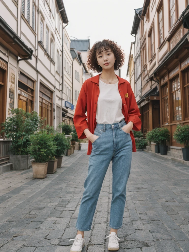 her name is Asako, high quality, 1girl, ((20-year-old fit Caucasian woman)), ((20 years old)), ((slim)), ((Korean Perm)), pose: standing, wearing trendsetting Generation-Z modern wear different colored, BACKGROUND: "In the Old Town Market Place, with its reconstructed colorful facades and bustling cafés."