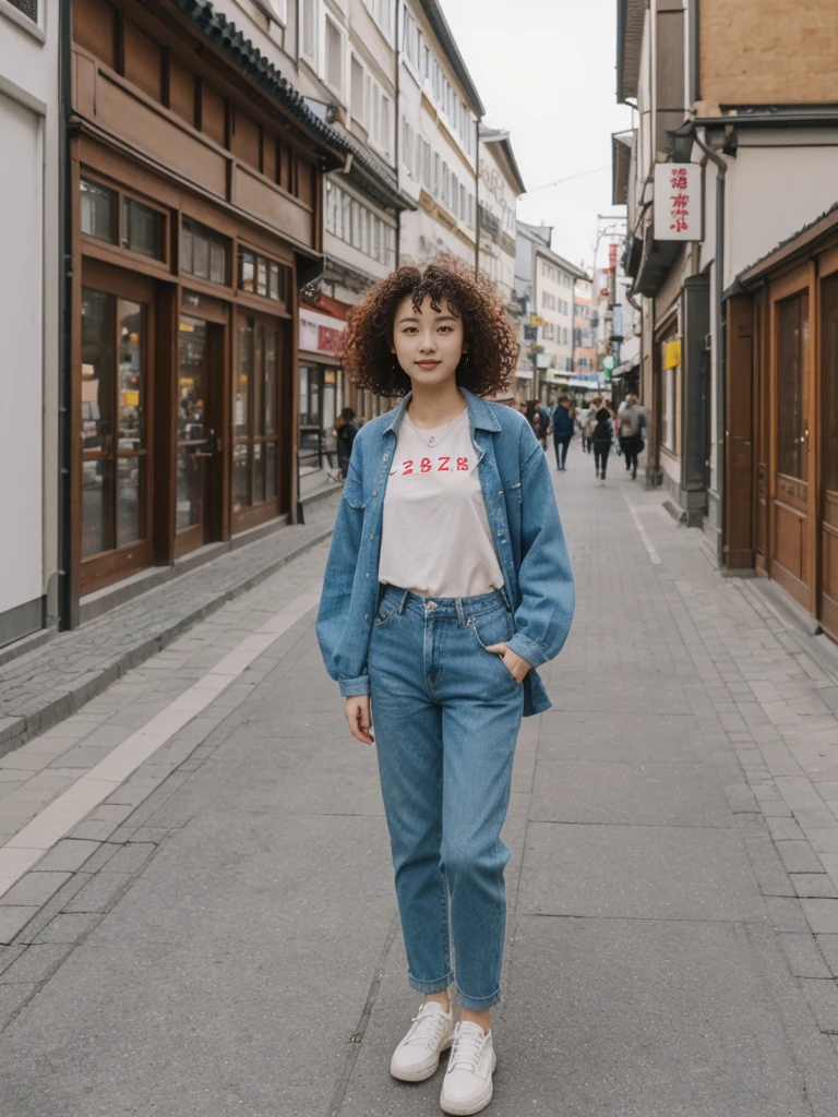 her name is Asako, high quality, 1girl, ((20-year-old fit Caucasian woman)), ((20 years old)), ((slim)), ((Korean Perm)), pose: standing, wearing trendsetting Generation-Z modern wear different colored, BACKGROUND: "In the Old Town Market Place, with its reconstructed colorful facades and bustling cafés."