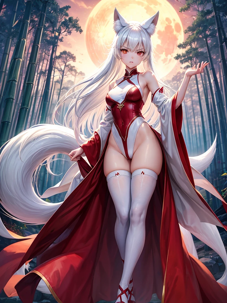 Highest quality,Highest Resolution,Beautiful girl with angry face in white fox leotard,High leg,Very red eyes,Bamboo grove,full moon,Night Sky,fog,((White fox tail,White fox ears)),Standing posture,front,whole body,