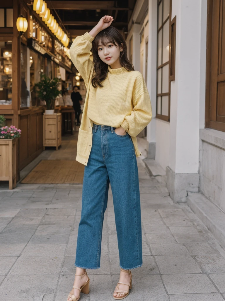 her name is Asako, high quality, 1girl, ((20-year-old fit Caucasian woman)), ((20 years old)), ((slim)), ((Korean Perm)), pose: standing, wearing trendsetting Generation-Z modern wear different colored, BACKGROUND: "In the Old Town Market Place, with its reconstructed colorful facades and bustling cafés."