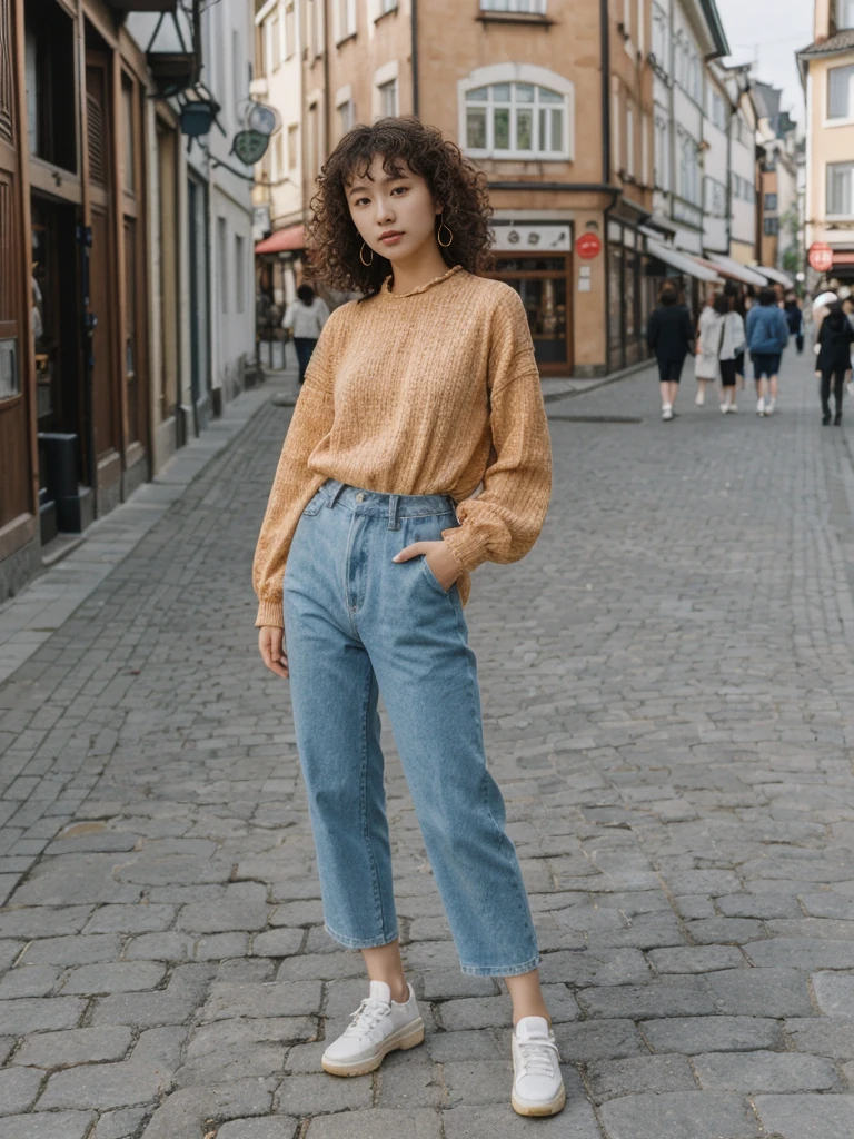 her name is Asako, high quality, 1girl, ((20-year-old fit Caucasian woman)), ((20 years old)), ((slim)), ((Korean Perm)), pose: standing, wearing trendsetting Generation-Z modern wear different colored, BACKGROUND: "In the Old Town Market Place, with its reconstructed colorful facades and bustling cafés."