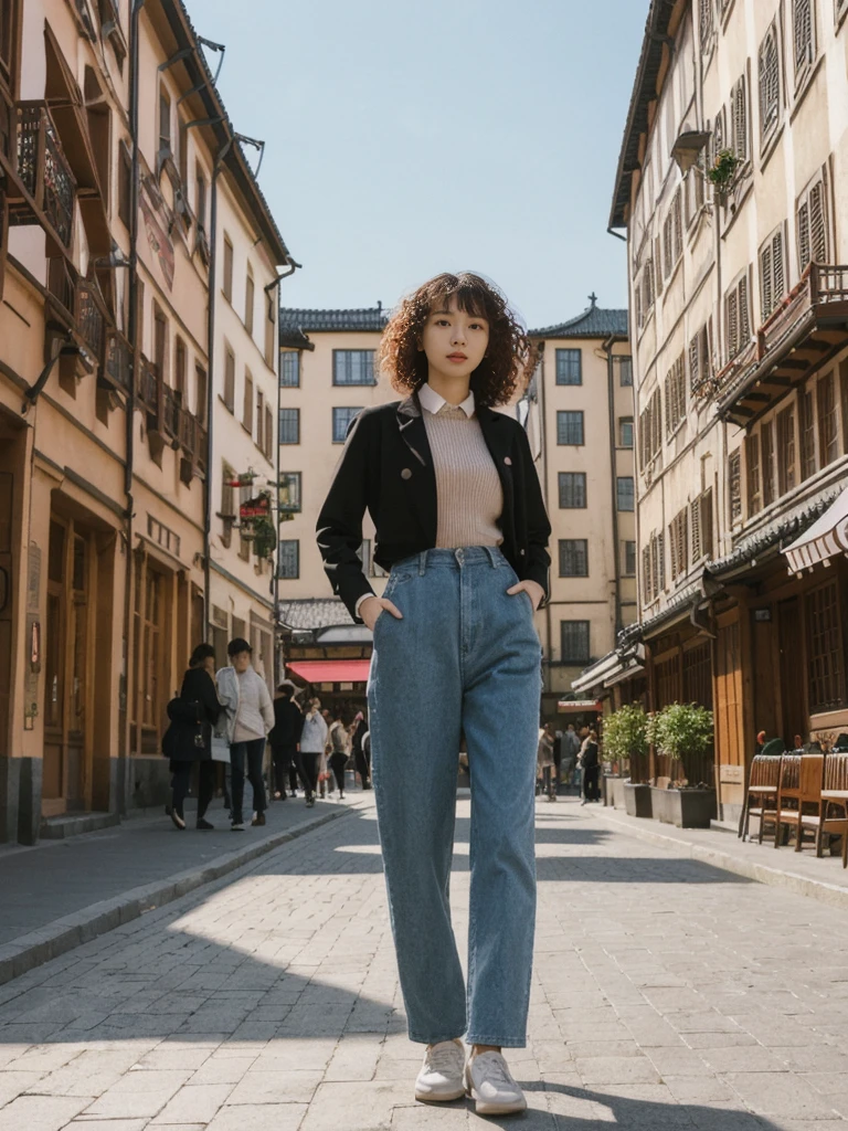 her name is Asako, high quality, 1girl, ((20-year-old fit Caucasian woman)), ((20 years old)), ((slim)), ((Korean Perm)), pose: standing, wearing trendsetting Generation-Z modern wear different colored, BACKGROUND: "In the Old Town Market Place, with its reconstructed colorful facades and bustling cafés."