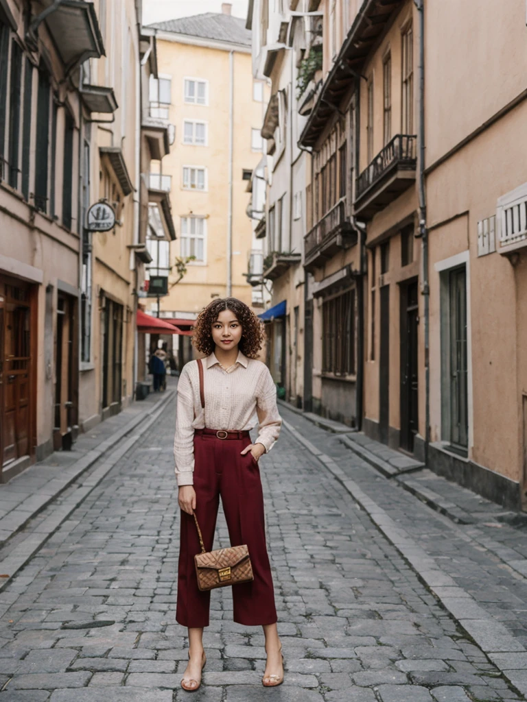 her name is Asako, high quality, 1girl, ((20-year-old fit Caucasian woman)), ((20 years old)), ((slim)), ((Korean Perm)), pose: standing, wearing trendsetting Generation-Z modern wear different colored, BACKGROUND: "In the Old Town Market Place, with its reconstructed colorful facades and bustling cafés."