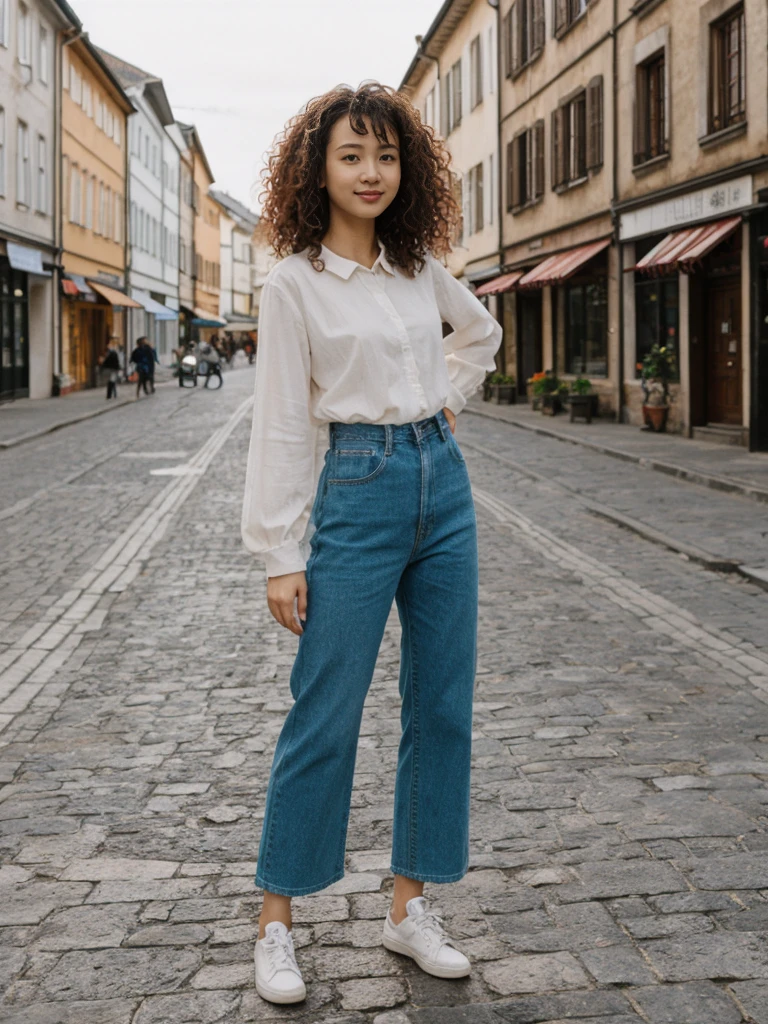 her name is Asako, high quality, 1girl, ((20-year-old fit Caucasian woman)), ((20 years old)), ((slim)), ((Korean Perm)), pose: standing, wearing trendsetting Generation-Z modern wear different colored, BACKGROUND: "In the Old Town Market Place, with its reconstructed colorful facades and bustling cafés."