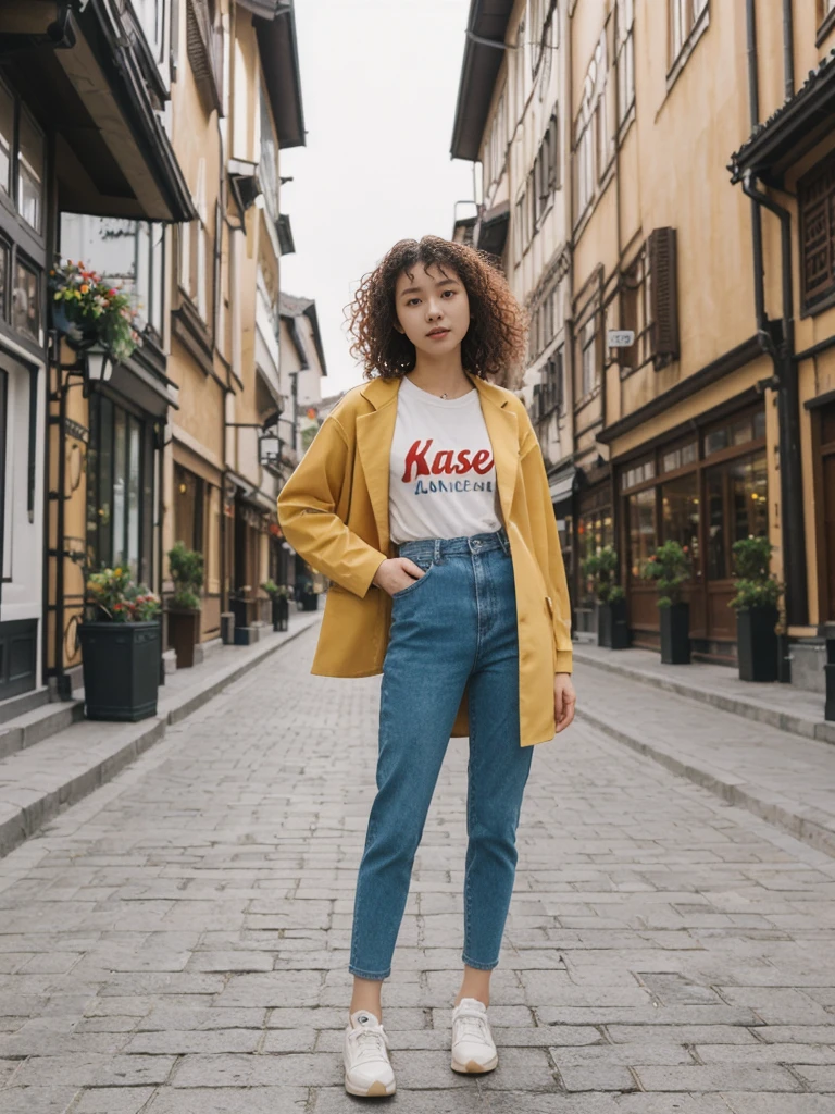 her name is Asako, high quality, 1girl, ((20-year-old fit Caucasian woman)), ((20 years old)), ((slim)), ((Korean Perm)), pose: standing, wearing trendsetting Generation-Z modern wear different colored, BACKGROUND: "In the Old Town Market Place, with its reconstructed colorful facades and bustling cafés."