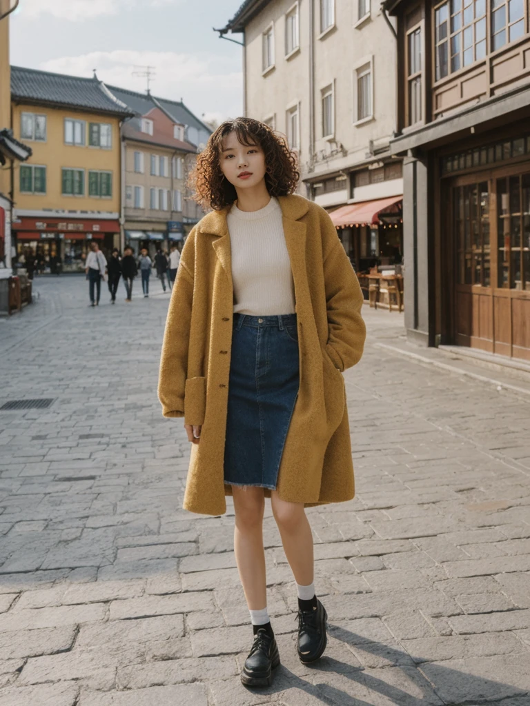 her name is Asako, high quality, 1girl, ((20-year-old fit Caucasian woman)), ((20 years old)), ((slim)), ((Korean Perm)), pose: standing, wearing trendsetting Generation-Z modern wear different colored, BACKGROUND: "In the Old Town Market Place, with its reconstructed colorful facades and bustling cafés."