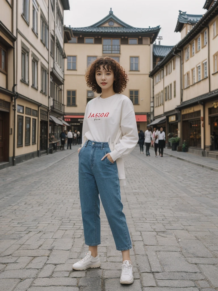 her name is Asako, high quality, 1girl, ((20-year-old fit Caucasian woman)), ((20 years old)), ((slim)), ((Korean Perm)), pose: standing, wearing trendsetting Generation-Z modern wear different colored, BACKGROUND: "In the Old Town Market Place, with its reconstructed colorful facades and bustling cafés."