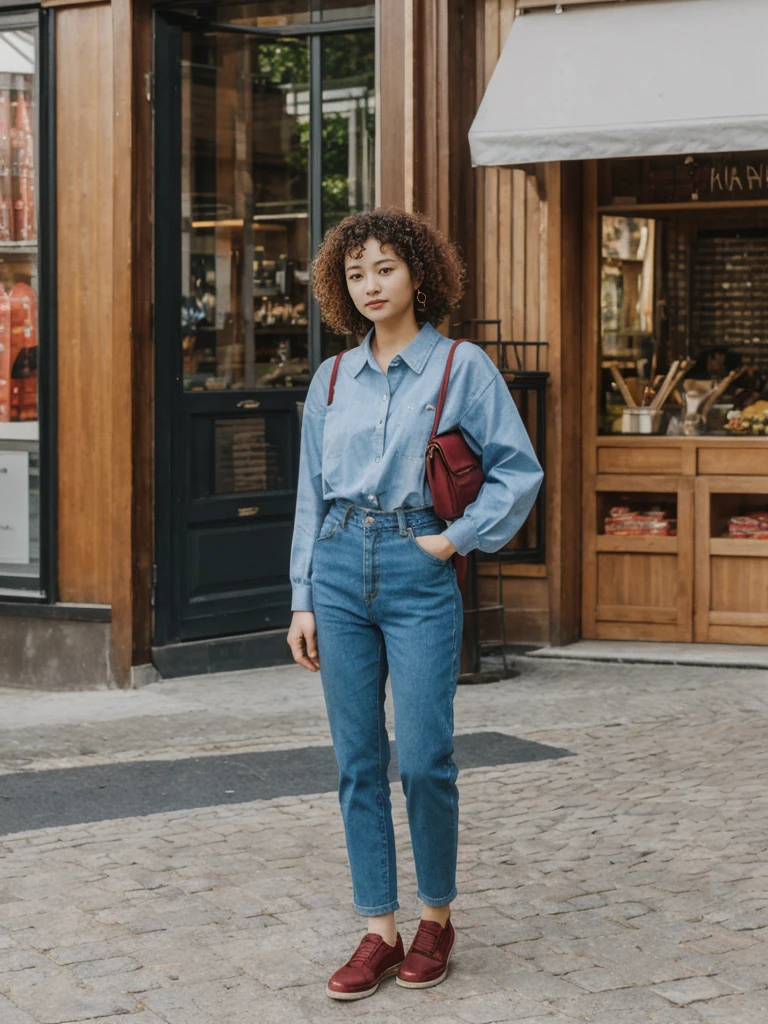 her name is Asako, high quality, 1girl, ((20-year-old fit Caucasian woman)), ((20 years old)), ((slim)), ((Korean Perm)), pose: standing, wearing trendsetting Generation-Z modern wear different colored, BACKGROUND: "In the Old Town Market Place, with its reconstructed colorful facades and bustling cafés."