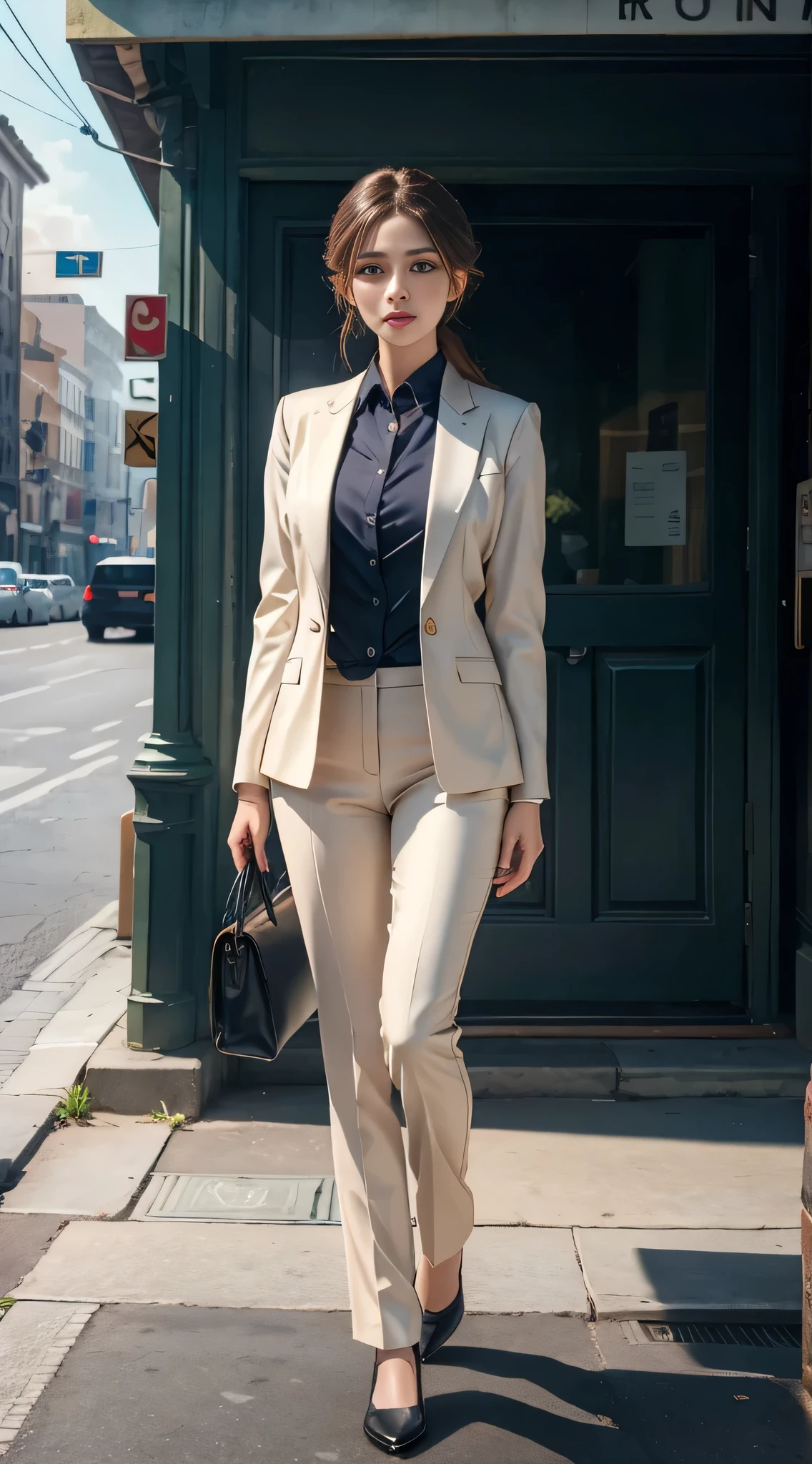 (8k, RAW photo, best quality, masterpiece: 1.2), (realistic, photorealistic: 1.37), 1 woman in suit standing on the sidewalk, cityscape, day, sunny morning, professional lighting, photon mapping, radiosity, Brazilian woman, torn, shirt, woman in suit, silk suit