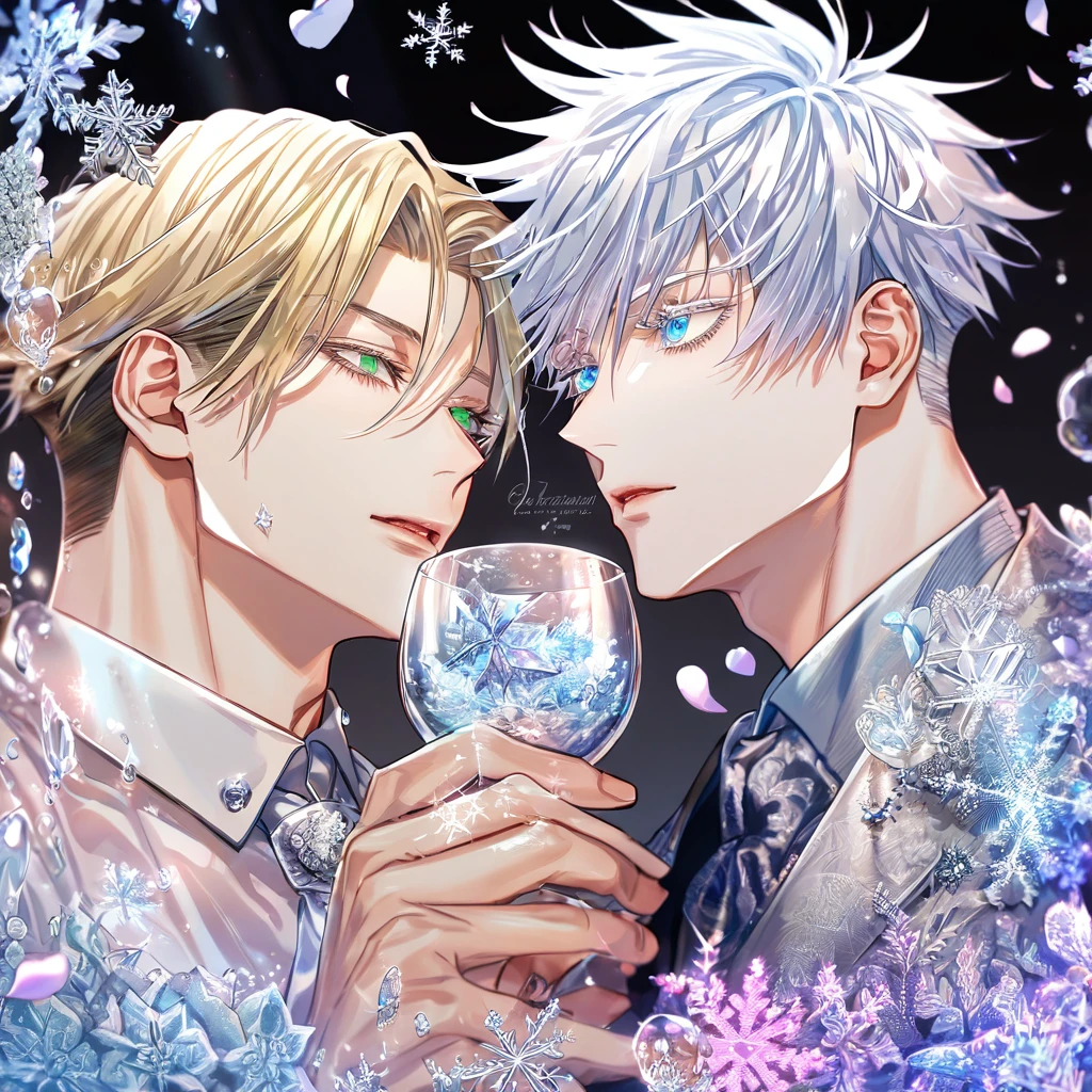 Ultra detailed, HDR, Highres, absurdres, master piece, Nanami Kento, blond hair, expressive green eyes, Gojou Satoru, white hair with bangs, expressive blue eyes, white eyelashes, Jujutsu Kaisen, two sexy man together, gay couple, yaoi, handsome, glass, ice glittering butterflies, ice, petals, pink ice glass flowers, cute, glittering, water, fantasy, magical, snowflakes, cold,