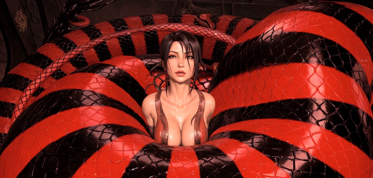 there is a woman that is sitting in a giant red and black snake, snake woman hybrid, seductive tifa lockhart portrait, tifa lockhart, lara croft as spiderwoman, big tentacle sneak around, tifa, tentacles around, coiled realistic serpents, snake human hybrid, some tentacles are touching her, glamorous tifa lockheart
