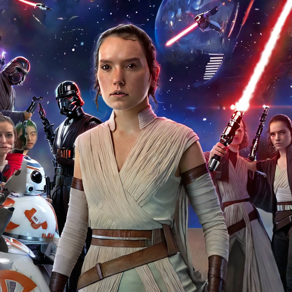 (rey skywalker (large breasts cleavage) and kylo ren, masterpiece space-bar night-club crowded with star-wars characters clonetroopers Twi'lek-females aliens creatures laughing drinking rebel-soldiers girls-rebel-pilots:1.2), (best quality, expressive eyes, perfect face uhd high definition photograph, extremely detailed eyes face nose hands, perfect hands fingers,rey,Perfect Hands, 