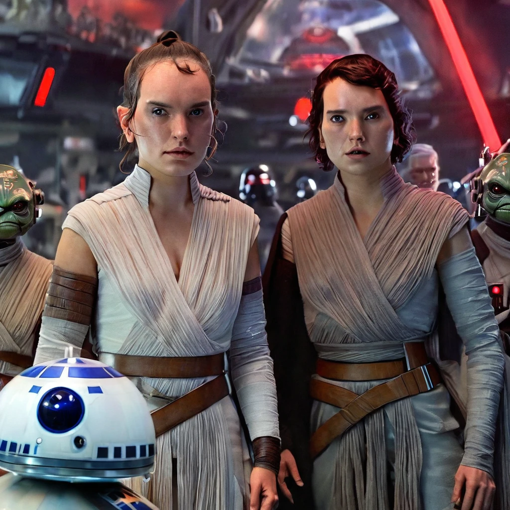 (rey skywalker (large breasts cleavage) and kylo ren, masterpiece space-bar night-club crowded with star-wars characters clonetroopers Twi'lek-females aliens creatures laughing drinking rebel-soldiers girls-rebel-pilots:1.2), (best quality, expressive eyes, perfect face uhd high definition photograph, extremely detailed eyes face nose hands, perfect hands fingers,rey,Perfect Hands, 