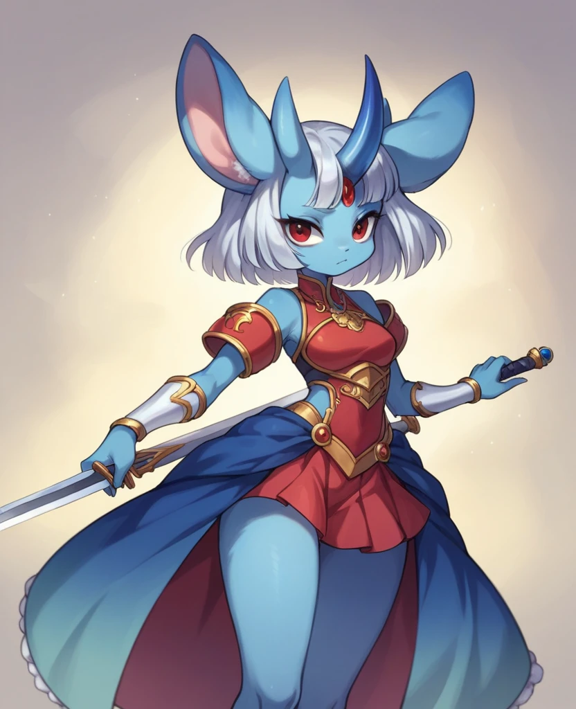((masterpiece)), (Highest quality))), 1人のgirl,(Big animal ears,White and blue fur,), whole body, Silver Hair, Eyes Hair, Beautiful red eyes,One horn on the forehead, Princess Cut, Short skirt,Shyness, woman, girl,Black and red armor dress, furry girl,アルミサージのgirl, (simple 戻るground, white 戻るground: 1.3) ( masterpiece:1.2), (Highest quality:1.3),Possession of a sword,Have a conversation,Deserted park,Character portrait,whole body絵,Strike a Pose,Black and gold sword,Skirt flipped up by the wind,micro pantie,Lift your legs
