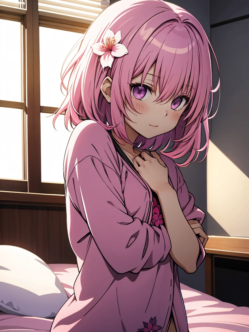 Momo Belia Deviluke has short pink hair and purple eyes. In the To LOVE-Ru manga, straightened her hair out She also has two small flowers on her hair. naked on bed