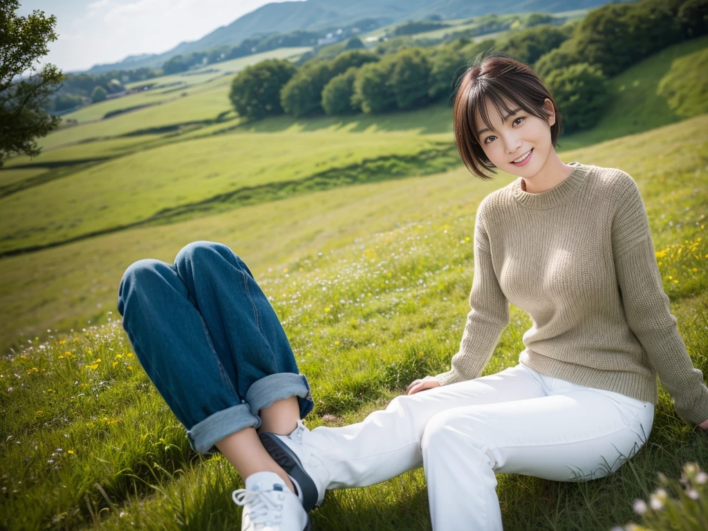 Beautiful Korean woman, 36 years old, short woman, short medium hair, green meadows in europe, Sitting on a hill where cows graze. Smile, Wearing high-quality knits and pants, comfortable shoes, wind blowing camera : Taken using Canon eos 90d DSLR camera with 18-135mm lens , Detailed skin texture , detailed face , enlargement , low exposure angle : high dynamic range (HDR) launch