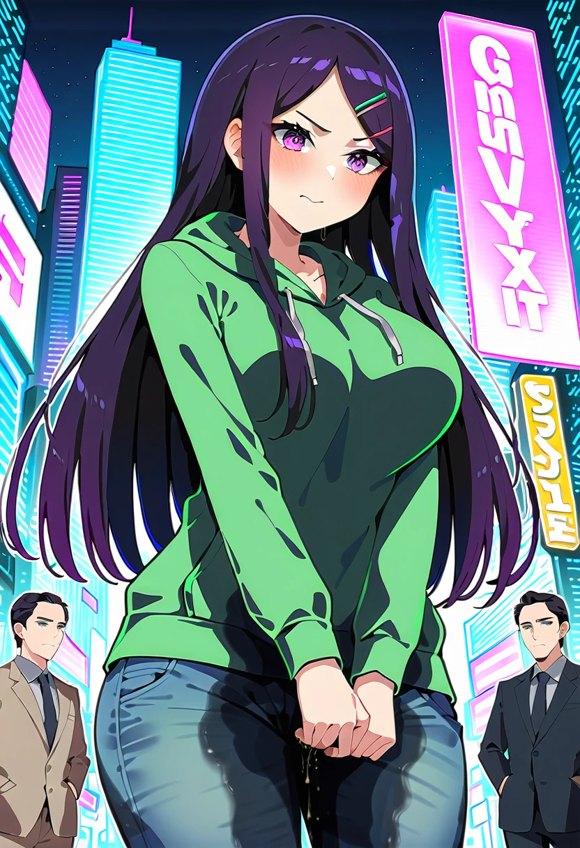 (masterpiece:1.37), best quality, (extremely detailed:1.37), woman, (mature:1.5), (adult:1.5), large breasts, very long hair, (straight hair:1.5), dark purple hair, purple eyes, (extremely detailed eyes:1.37), hoodie, jeans, desperation, (wetting self:1.5), standing, embarrassed, humiliation, blushing, angry, city, futuristic, neon lighting, high-tech, street