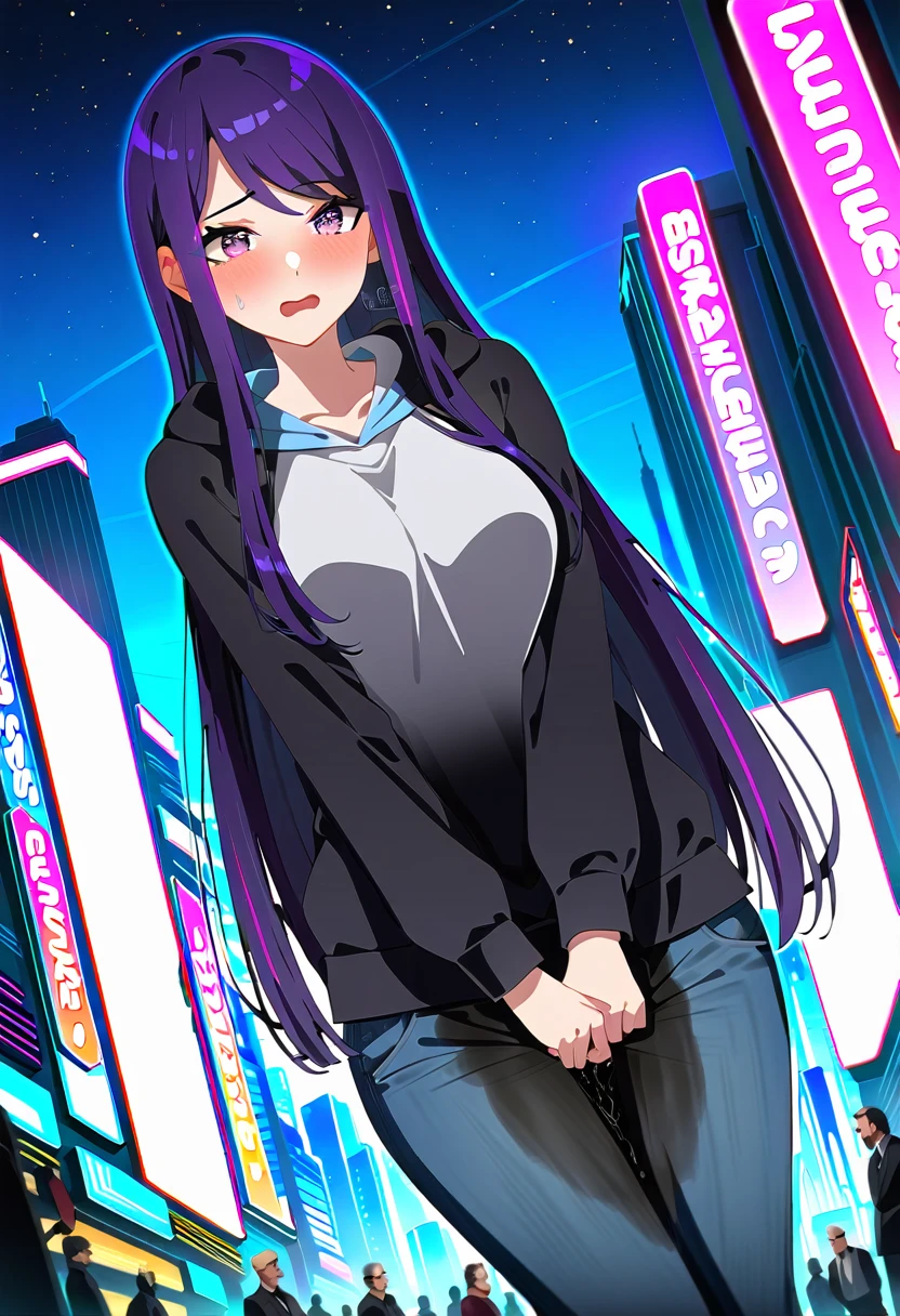(masterpiece:1.37), best quality, (extremely detailed:1.37), woman, (mature:1.5), (adult:1.5), large breasts, very long hair, (straight hair:1.5), dark purple hair, purple eyes, (extremely detailed eyes:1.37), hoodie, jeans, desperation, (wetting self:1.5), standing, embarrassed, humiliation, blushing, angry, city, futuristic, neon lighting, high-tech, street