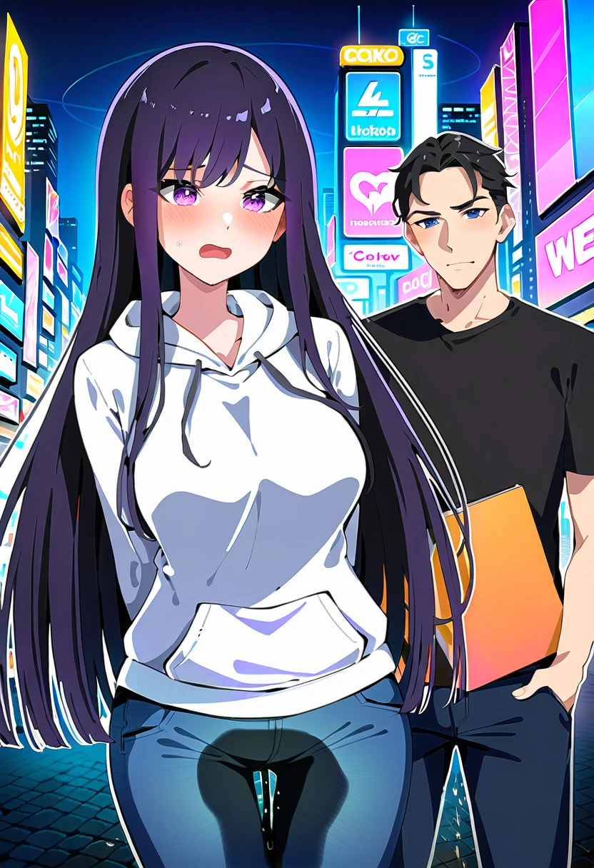 (masterpiece:1.37), best quality, (extremely detailed:1.37), woman, (mature:1.5), (adult:1.5), large breasts, very long hair, (straight hair:1.5), dark purple hair, purple eyes, (extremely detailed eyes:1.37), hoodie, jeans, desperation, (wetting self:1.5), standing, embarrassed, humiliation, blushing, angry, city, futuristic, neon lighting, high-tech, street