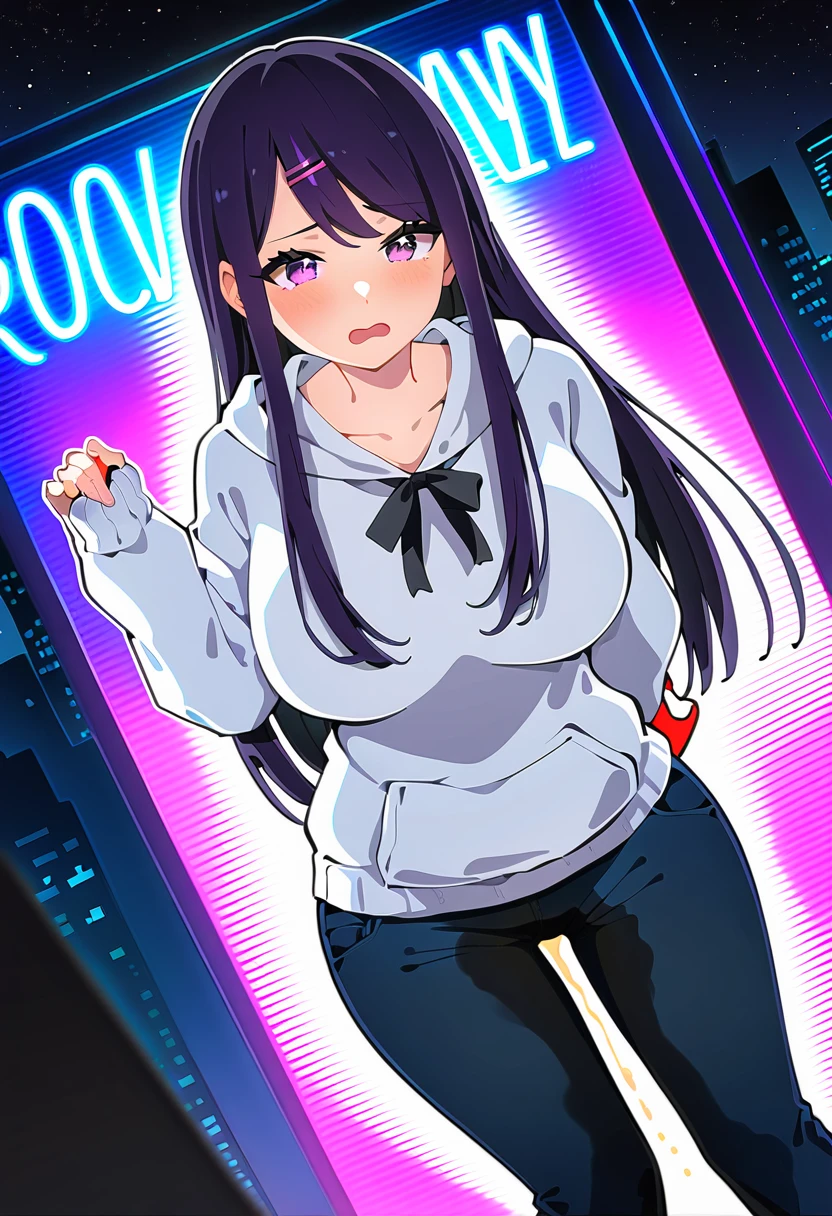 (masterpiece:1.37), best quality, (extremely detailed:1.37), woman, (very long hair:1.5), dark purple hair, purple eyes, (extremely detailed eyes:1.37), hoodie, cleavage, navel, jeans, unzipped, open fly, desperation, (wetting: self 2.0), standing, city, futuristic, neon lighting, high-tech